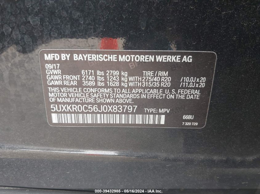 2018 BMW X5 xDrive35I VIN: 5UXKR0C56J0X83797 Lot: 39432985