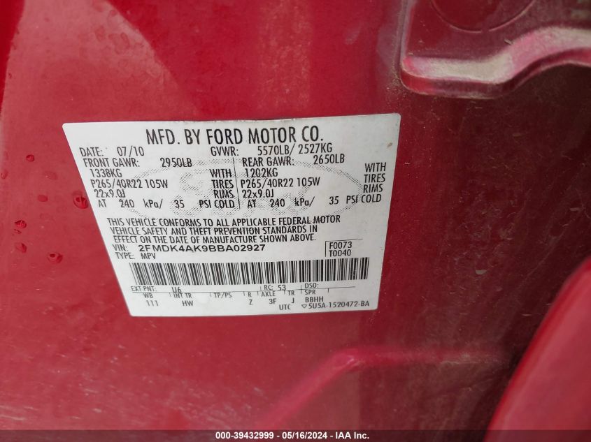 2011 Ford Edge Sport VIN: 2FMDK4AK9BBA02927 Lot: 39432999