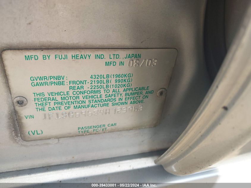 2004 Subaru Forester 2.5Xt VIN: JF1SG69684H723963 Lot: 39433001
