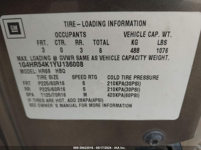 2000 Buick Lesabre Limited VIN: 1G4HR54K1YU136008 Lot: 39433016