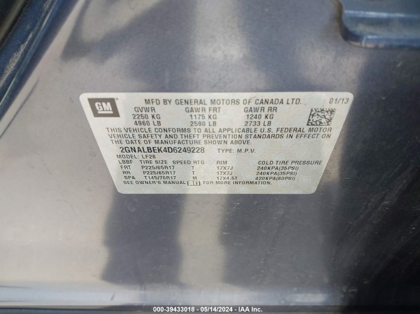 2013 Chevrolet Equinox Ls VIN: 2GNALBEK4D6249228 Lot: 39433018