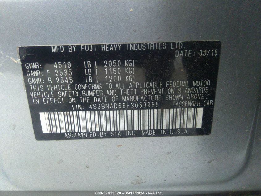 2015 Subaru Legacy 2.5I Premium VIN: 4S3BNAD66F3053985 Lot: 39433020