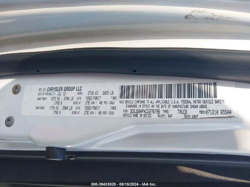 2012 Ram 1500 St VIN: 3C6JD6APXCG276796 Lot: 39433025