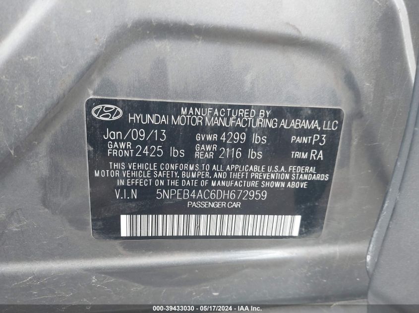 2013 Hyundai Sonata Gls VIN: 5NPEB4AC6DH672959 Lot: 39433030