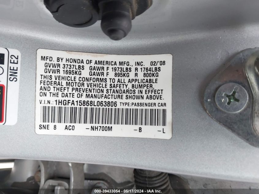 2008 Honda Civic Ex VIN: 1HGFA15868L063806 Lot: 39433054