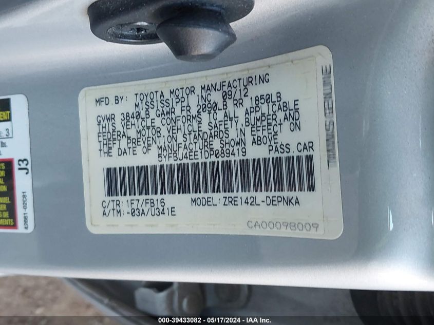 2013 TOYOTA COROLLA S/LE - 5YFBU4EE1DP089419