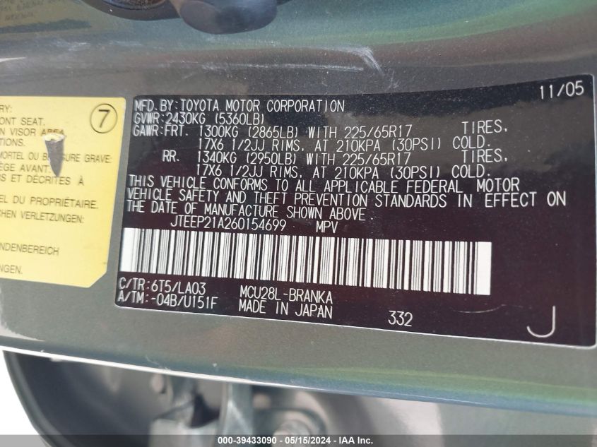 2006 Toyota Highlander Limited V6 VIN: JTEEP21A260154699 Lot: 39433090