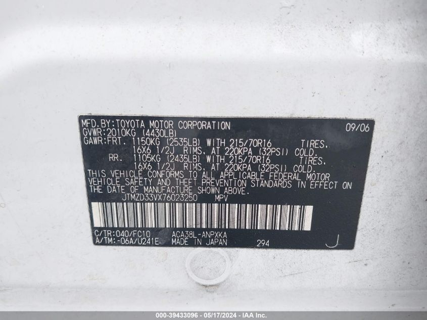2007 Toyota Rav4 VIN: JTMZD33VX76023250 Lot: 39433096