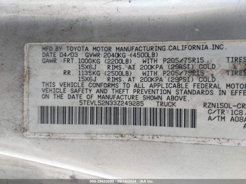 2003 Toyota Tacoma VIN: 5TEVL52N33Z249285 Lot: 39433098