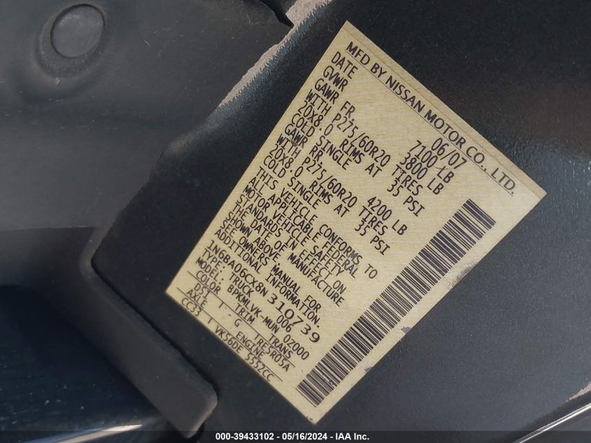 2008 Nissan Titan Le VIN: 1N6BA06CX8N310739 Lot: 39433102