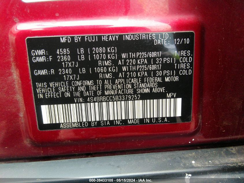 2011 Subaru Outback 2.5I Premium VIN: 4S4BRBCC5B3379252 Lot: 39433105