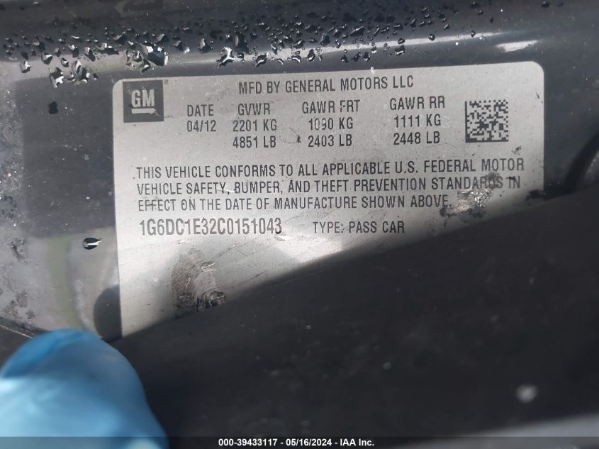 2012 Cadillac Cts Standard VIN: 1G6DC1E32C0151043 Lot: 39433117