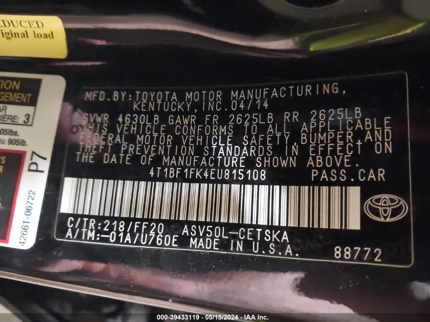 2014 Toyota Camry Se VIN: 4T1BF1FK4EU815108 Lot: 39433119