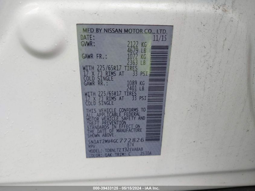 2016 Nissan Rogue Sv VIN: 5N1AT2MV4GC772826 Lot: 39433125