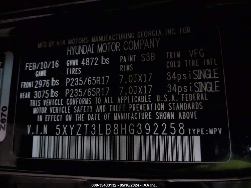 2017 Hyundai Santa Fe Sport 2.4L VIN: 5XYZT3LB8HG392258 Lot: 39433132