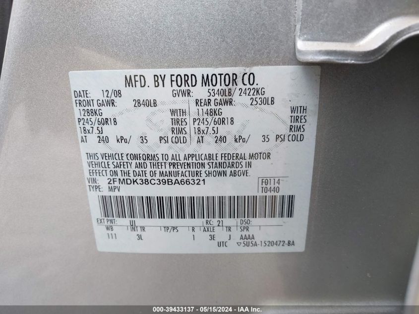 2009 Ford Edge Sel VIN: 2FMDK38C39BA66321 Lot: 39433137