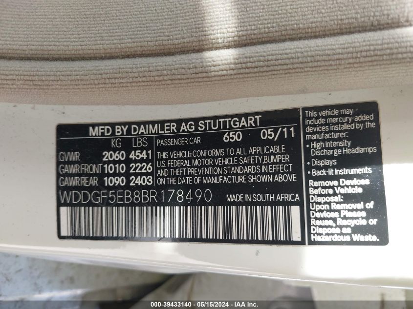 2011 Mercedes-Benz C 300 VIN: WDDGF5EB8BR178490 Lot: 39433140