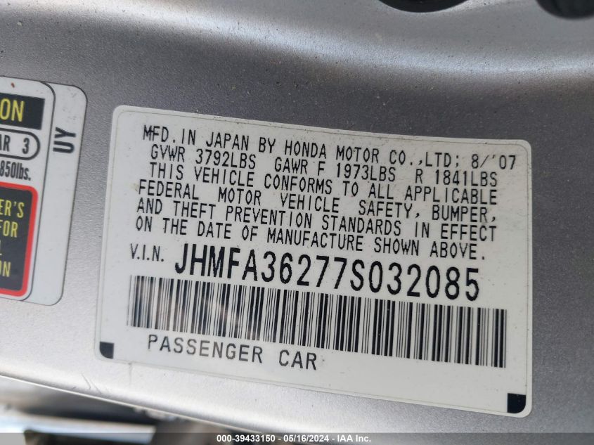 2007 Honda Civic Hybrid VIN: JHMFA36277S032085 Lot: 39433150