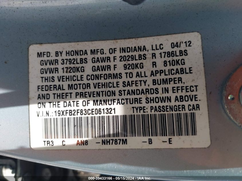 2012 Honda Civic Ex VIN: 19XFB2F83CE061321 Lot: 39433166