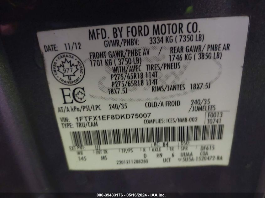 2013 Ford F-150 Xlt VIN: 1FTFX1EF8DKD75007 Lot: 39433176