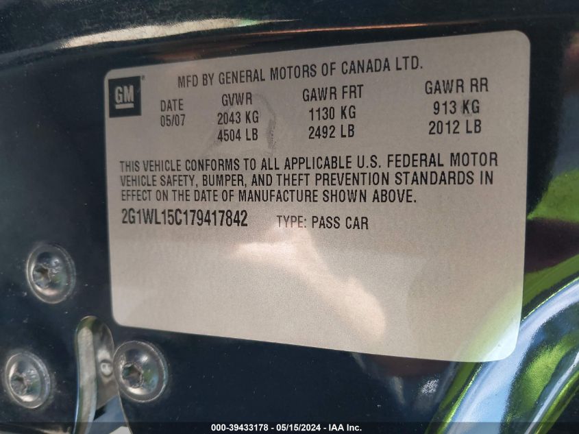 2007 Chevrolet Monte Carlo Ss VIN: 2G1WL15C179417842 Lot: 39433178