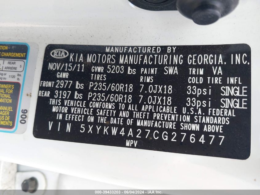2012 Kia Sorento Sx V6 VIN: 5XYKW4A27CG276477 Lot: 39433203