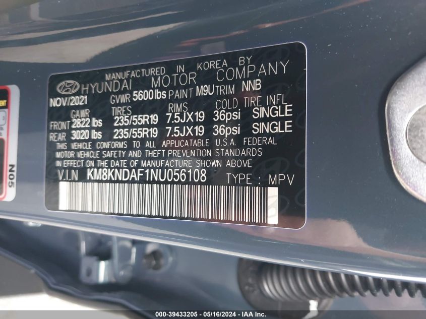 2022 Hyundai Ioniq 5 Sel VIN: KM8KNDAF1NU056108 Lot: 39433205