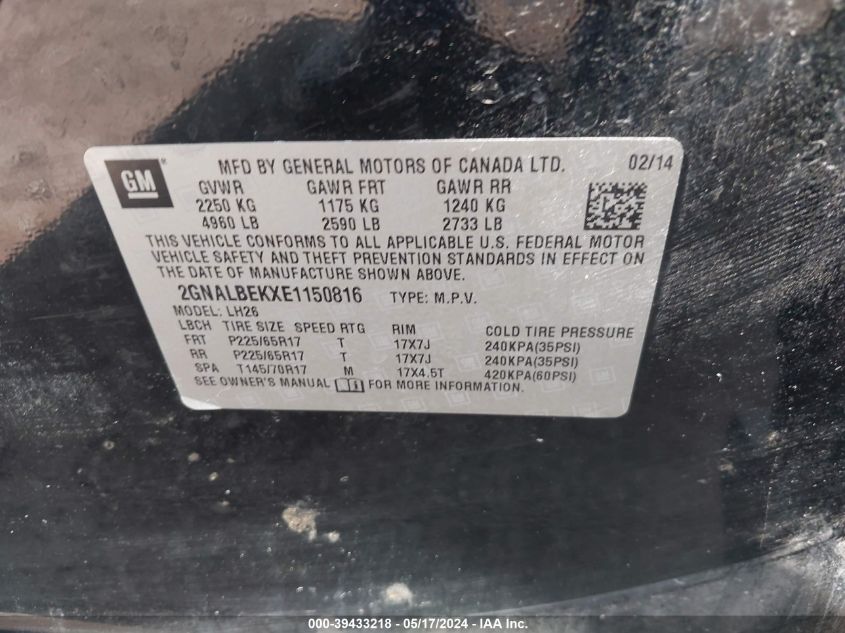 2014 Chevrolet Equinox 1Lt VIN: 2GNALBEKXE1150816 Lot: 39433218