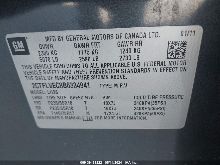 2011 GMC Terrain Slt-1 VIN: 2CTFLVEC8B6334941 Lot: 39433222