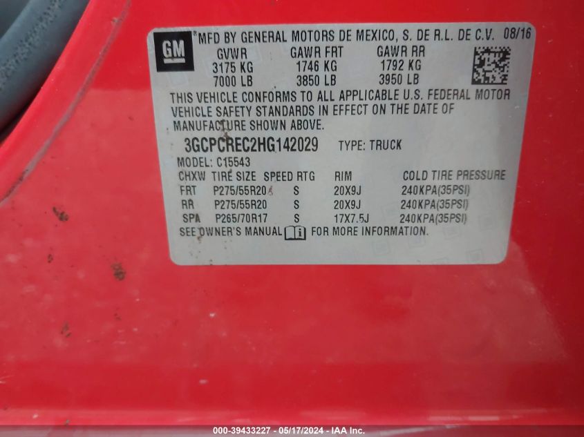 2017 Chevrolet Silverado 1500 1Lt VIN: 3GCPCREC2HG142029 Lot: 39433227