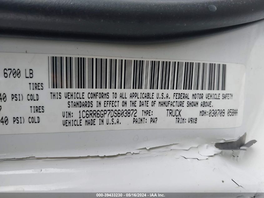 2013 Ram 1500 Slt VIN: 1C6RR6GP7DS603872 Lot: 39433230