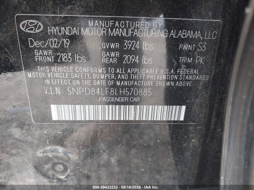 2020 Hyundai Elantra Sel VIN: 5NPD84LF8LH570885 Lot: 39433232