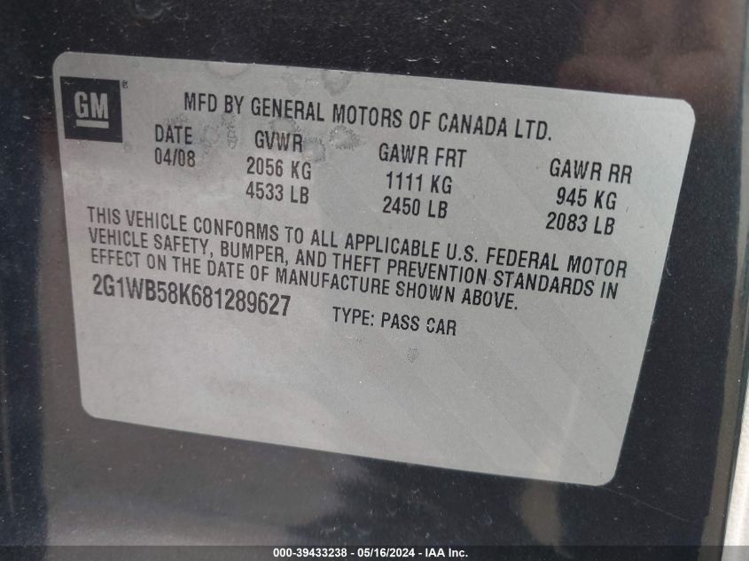 2008 Chevrolet Impala Ls VIN: 2G1WB58K681289627 Lot: 39433238