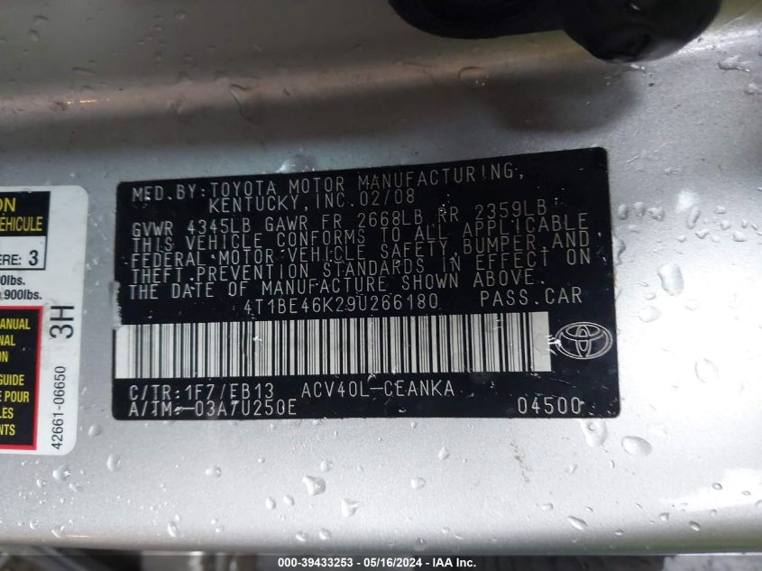 2009 Toyota Camry Le VIN: 4T1BE46K29U266180 Lot: 39433253