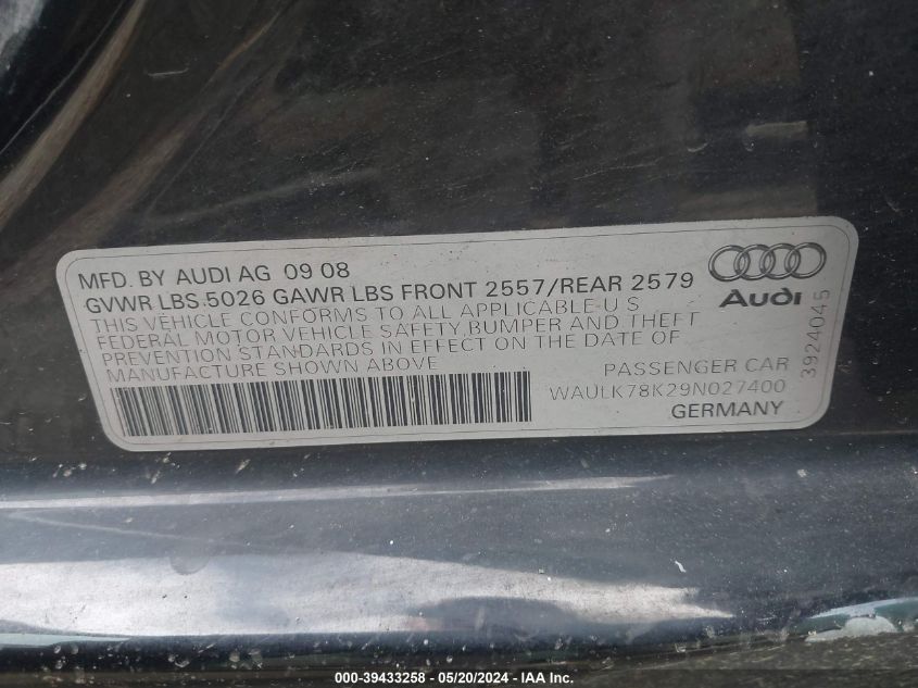 2009 Audi A4 3.2 Quattro VIN: WAULK78K29N027400 Lot: 39433258