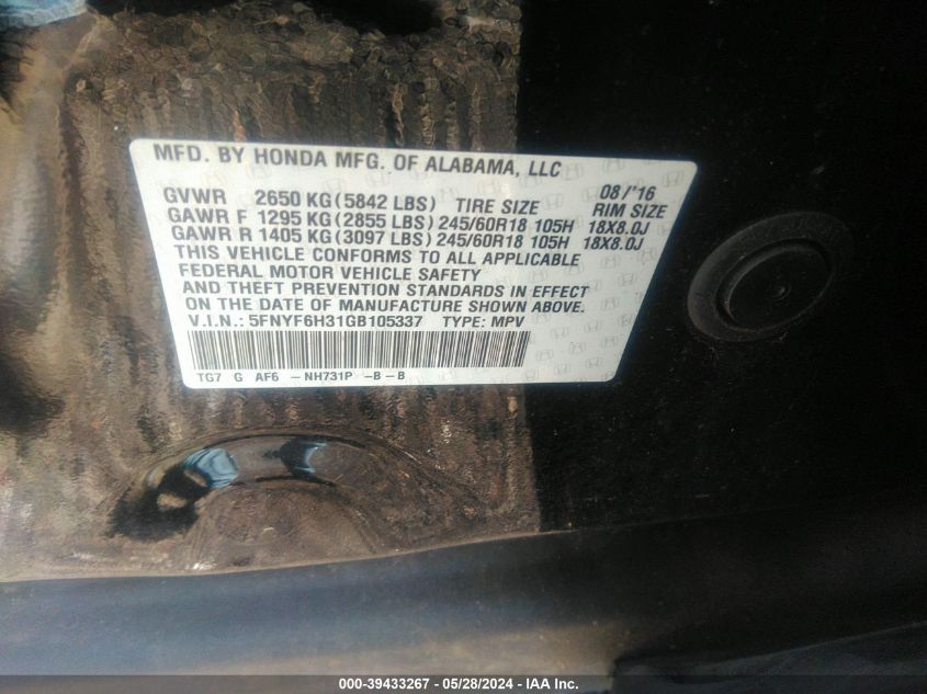 2016 Honda Pilot Ex VIN: 5FNYF6H31GB105337 Lot: 39433267