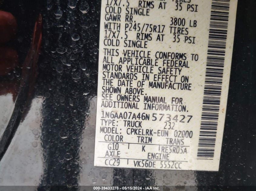 2006 Nissan Titan Xe VIN: 1N6AA07A46N573427 Lot: 39433278