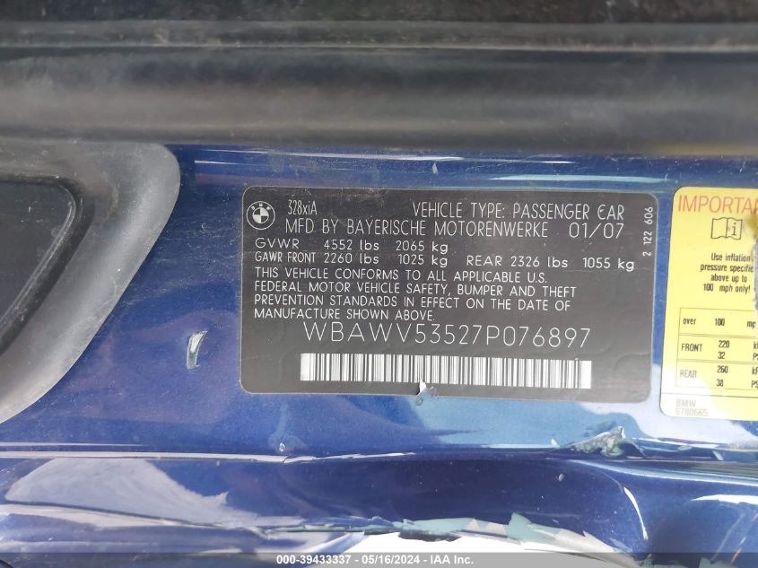 2007 BMW 328Xi VIN: WBAWV53527P076897 Lot: 39433337
