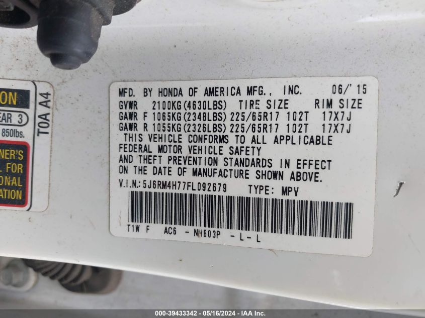 2015 Honda Cr-V Ex-L VIN: 5J6RM4H77FL092679 Lot: 39433342