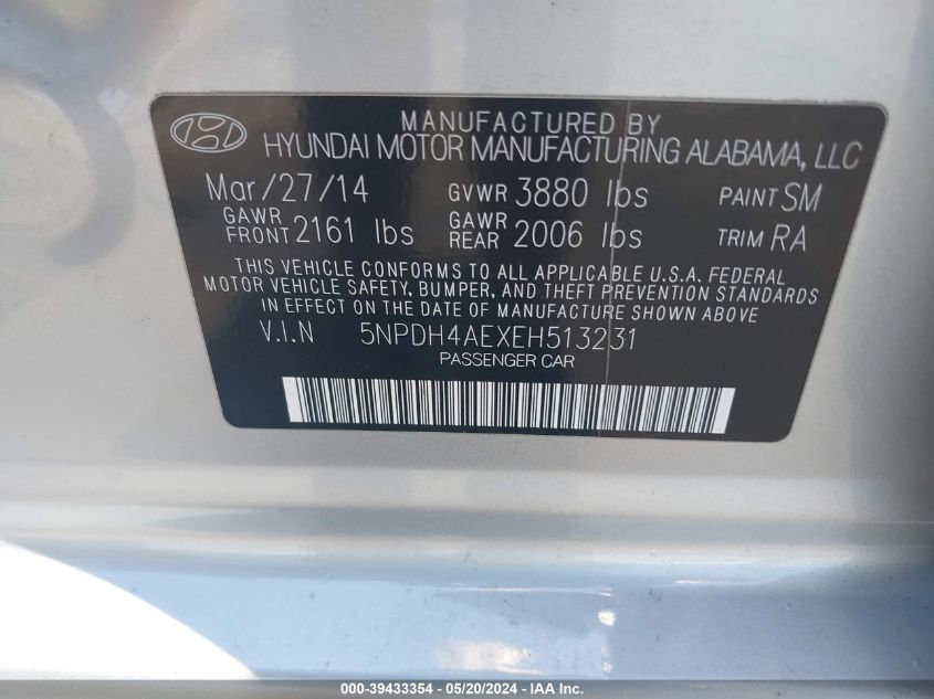 2014 Hyundai Elantra Se VIN: 5NPDH4AEXEH513231 Lot: 39433354