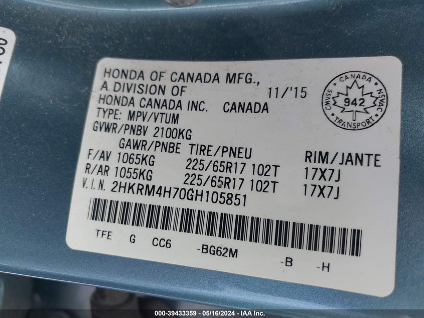 2016 HONDA CR-V EXL - 2HKRM4H70GH105851