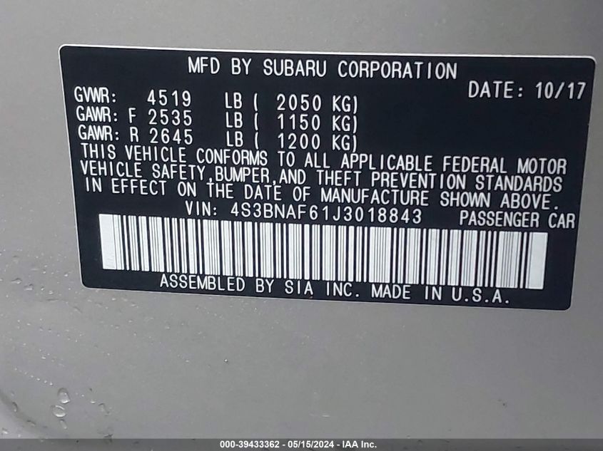 2018 Subaru Legacy 2.5I Premium VIN: 4S3BNAF61J3018843 Lot: 39433362
