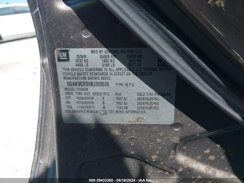 2011 Buick Enclave 2Xl VIN: 5GAKVCED9BJ369509 Lot: 39433365