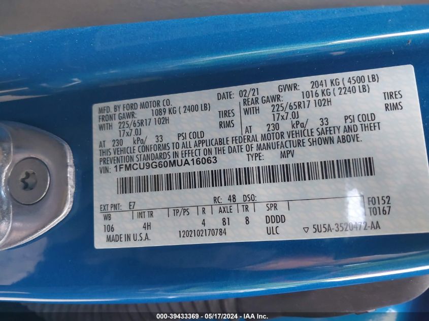 2021 Ford Escape Se VIN: 1FMCU9G60MUA16063 Lot: 39433369