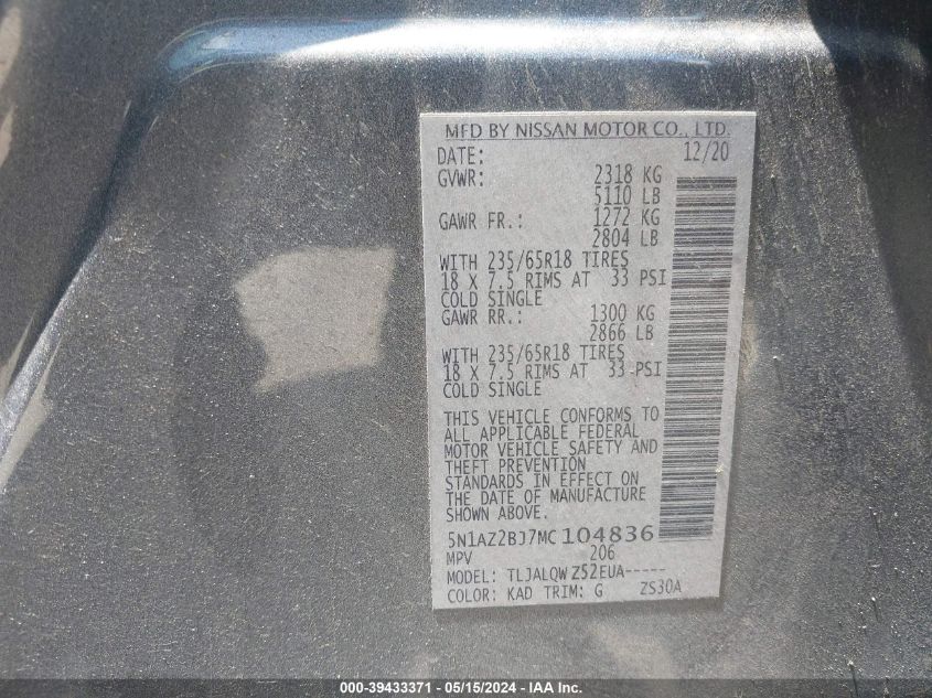 2021 Nissan Murano Sv Fwd VIN: 5N1AZ2BJ7MC104836 Lot: 39433371