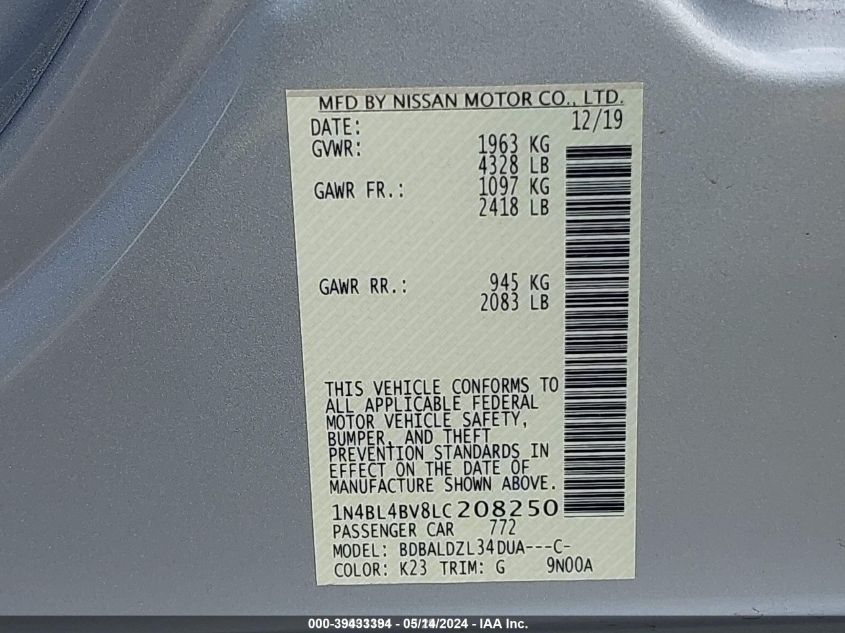 2020 Nissan Altima S Fwd VIN: 1N4BL4BV8LC208250 Lot: 39433394