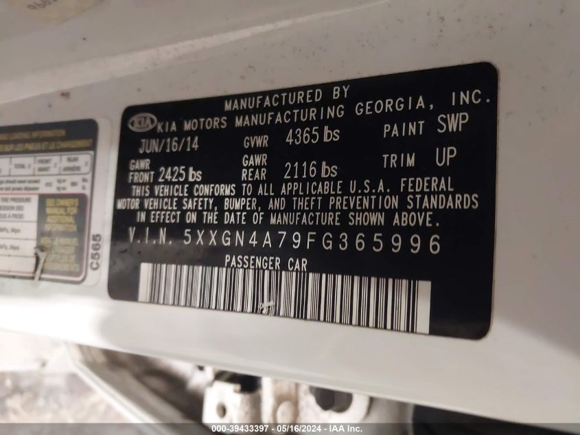 2015 Kia Optima Ex VIN: 5XXGN4A79FG365996 Lot: 39433397