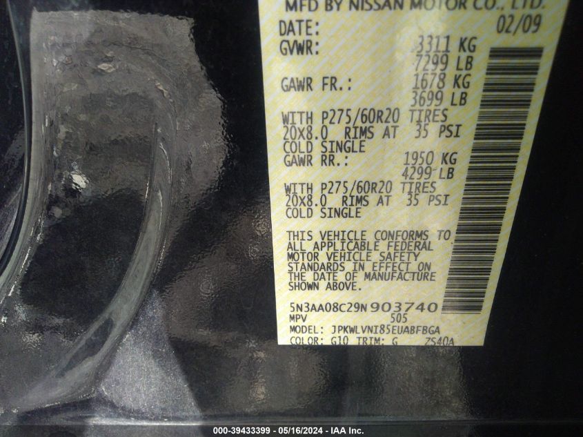 2009 Infiniti Qx56 VIN: 5N3AA08C29N903740 Lot: 39433399