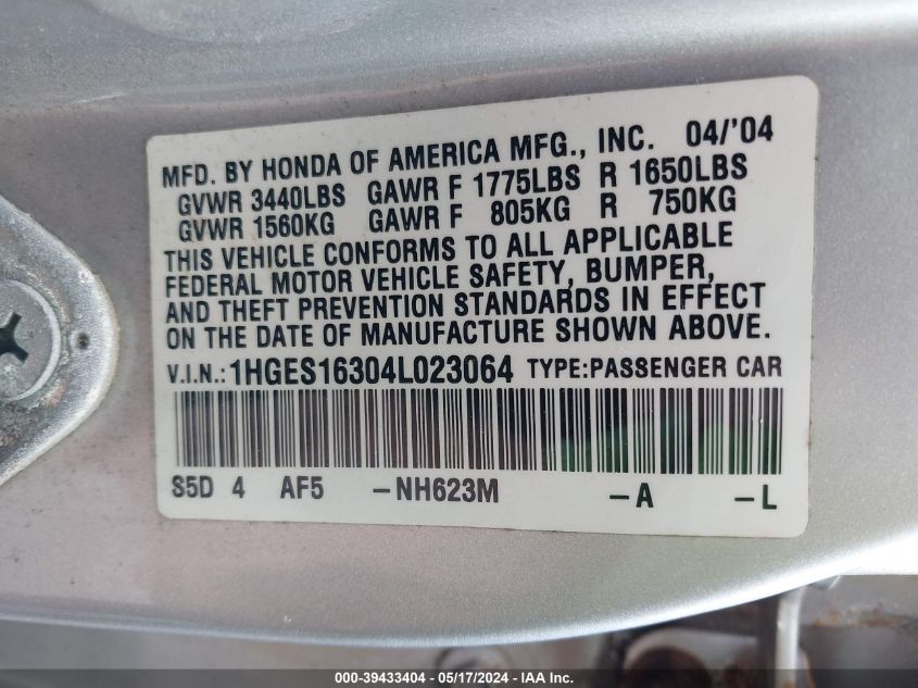 2004 Honda Civic Vp VIN: 1HGES16304L023064 Lot: 39433404