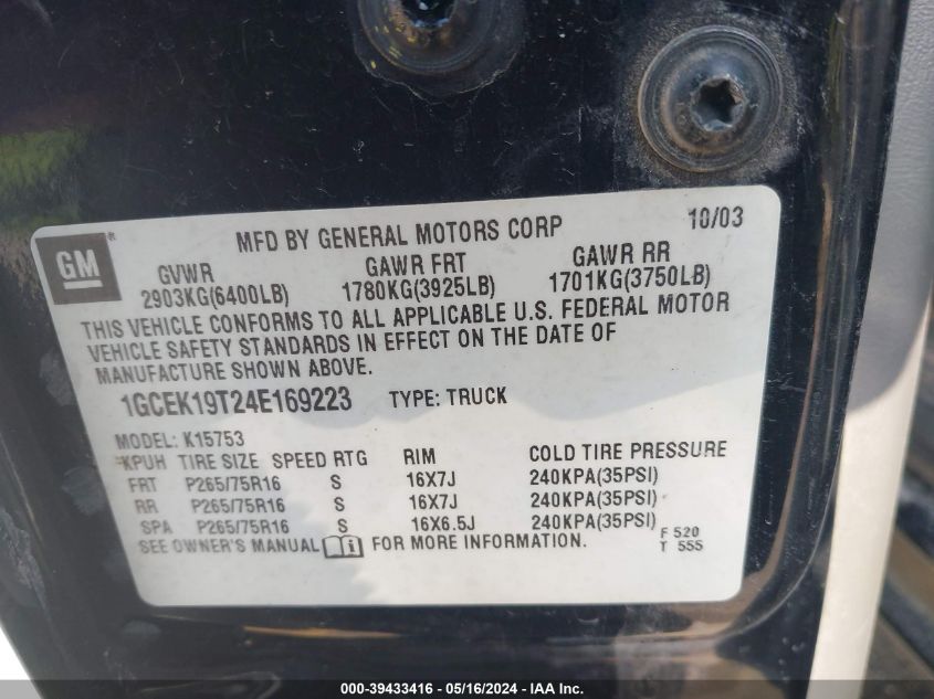 2004 Chevrolet Silverado 1500 Z71 VIN: 1GCEK19T24E169223 Lot: 39433416